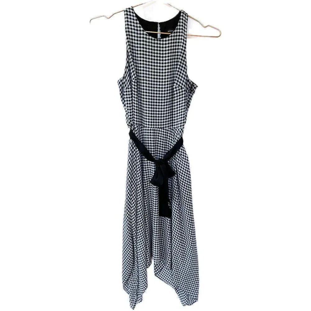 Banana Republic Black White Gingham Plaid Belted Keyhole Back Midi Dress 00